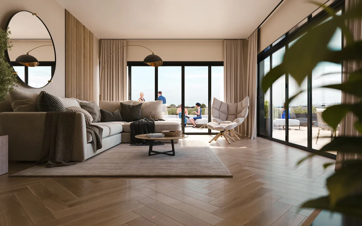 Interior CGI Visualisation showcasing engineered wood flooring in lounge