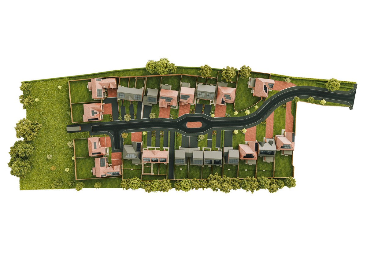Top-down aerial CGI masterplan of a UK housing development with road layout and landscaping