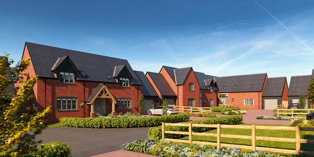 Street scene CGI of a housing development showing professional photorealistic quality